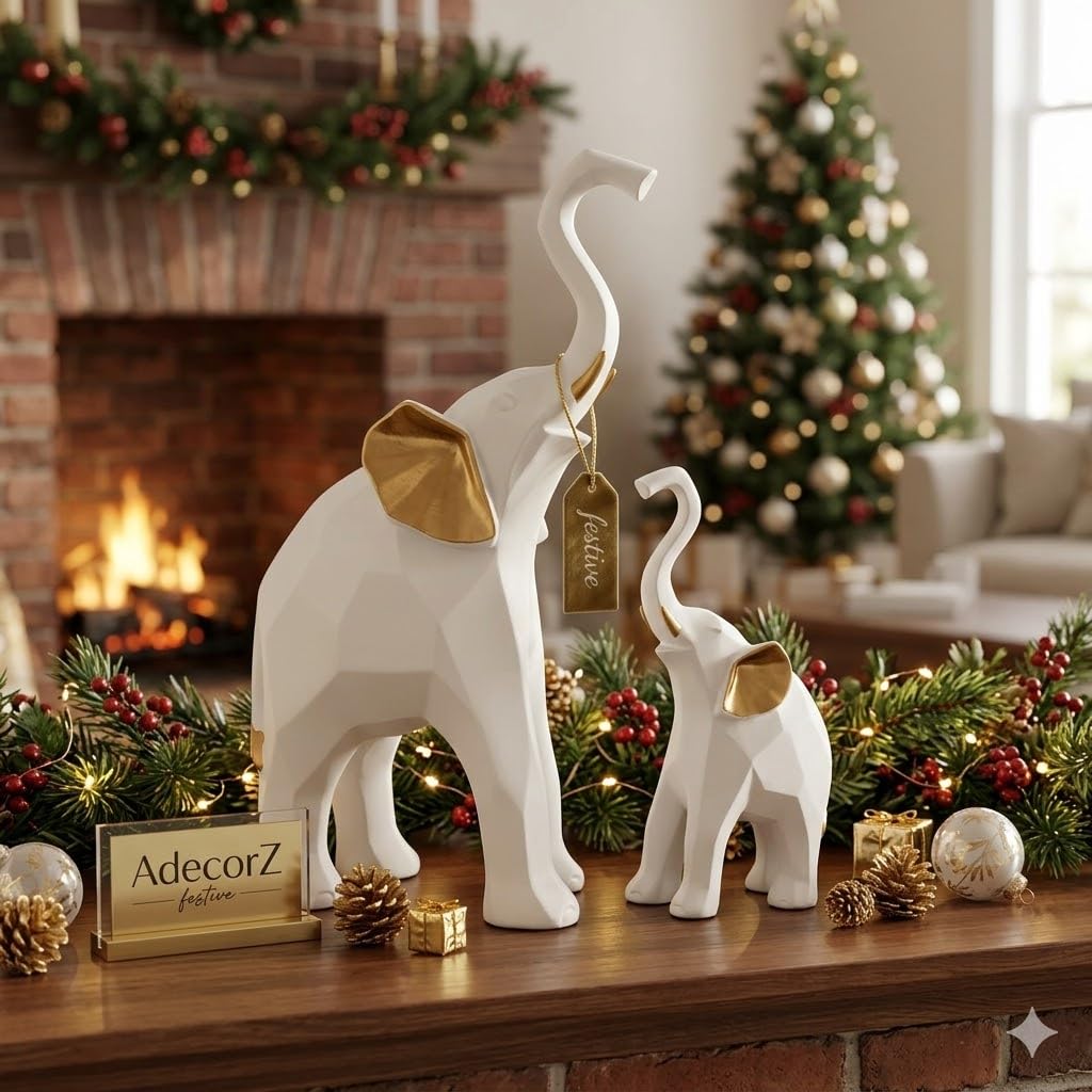 Decorative Elephant Figurines, Resin, 20 cm Height, Set of 2, Standing Statues Geometric Showpiece for Home Decor | Housewarming Gift (White Elephant)