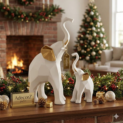 Decorative Elephant Figurines, Resin, 20 cm Height, Set of 2, Standing Statues Geometric Showpiece for Home Decor | Housewarming Gift (White Elephant)