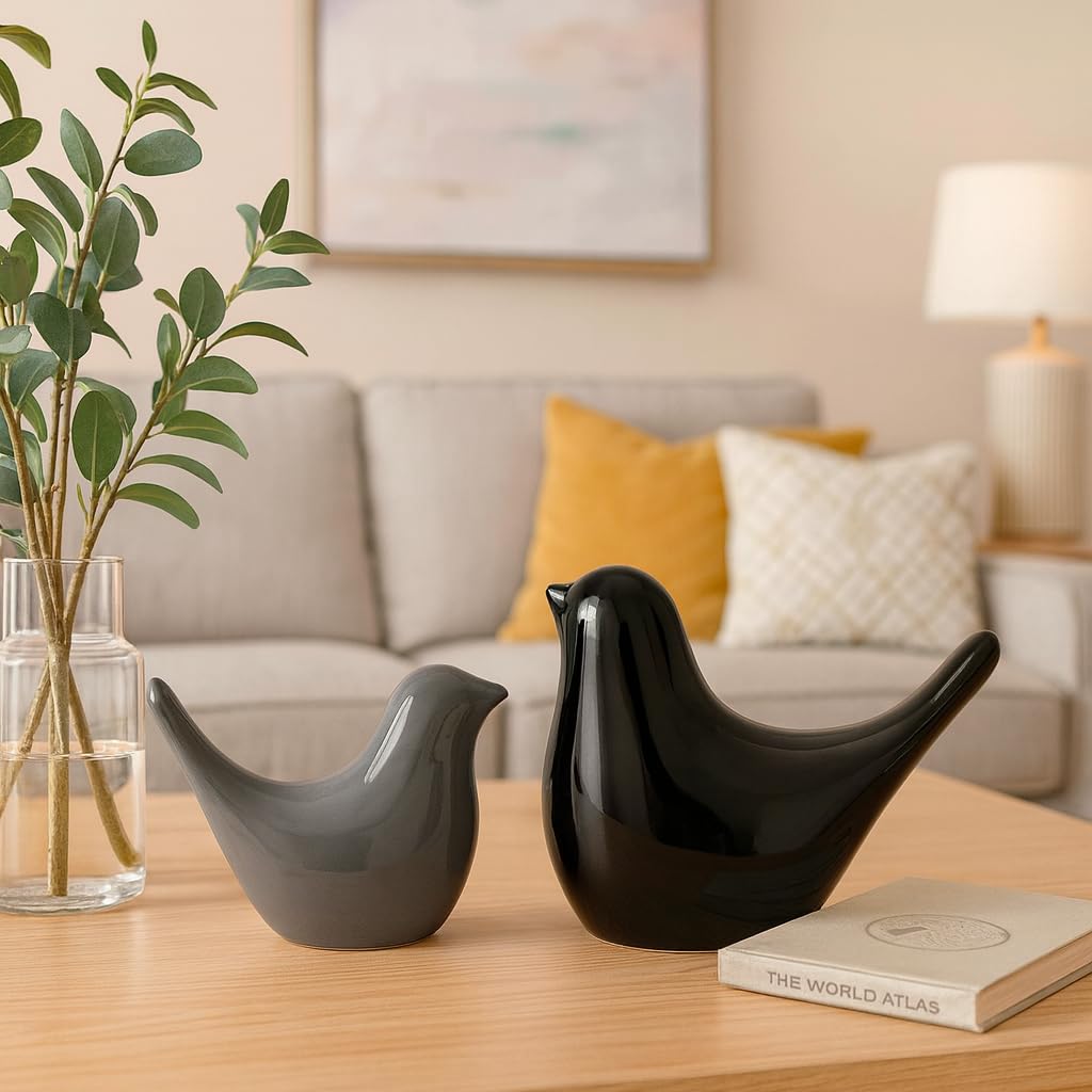 Creative Black and Grey Glossy Ceramic Birds Figurines Home Decorations Accessories Party (Pack of 2, Black and Grey)