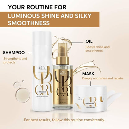 Wella Oil Reflections hair care products with shampoo, oil, and mask on a beige background.
