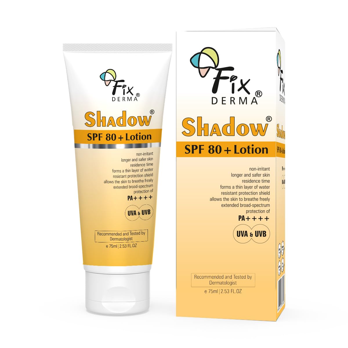 Fixderma Shadow Sunscreen SPF 80+ PA++++ Lotion | Oily Skin & Dry Skin | Protector SPF 80 | Body & Face | Broad Spectrum for UVA & UVB Protection | Women & Men | Non Greasy & Water Resistant - 75ml