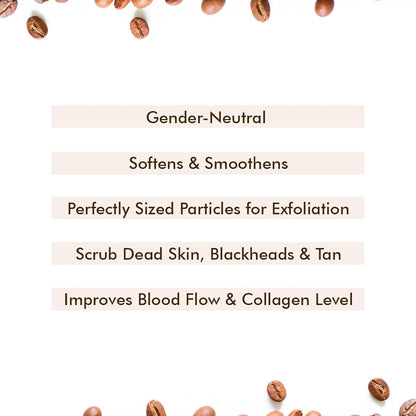 Text detailing product benefits with scattered coffee beans on a white background