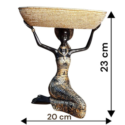 Polyresin African Lady Idol Pair for Home Decor | Tribal Woman Holding Basket Bowl Showpiece | Modern Art Table Accent | 20x15x23 cm | Regular Quality
