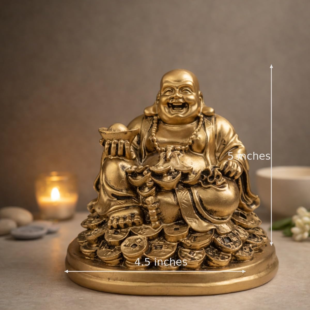 Laughing Buddha Statue for Gift, Home Decor & Good Luck |Feng Shui Buddha Idol for Wealth, Prosperity & Positivity|Vastu Showpiece Item for Office & Living Room (5 Inches | Resin | Golden)