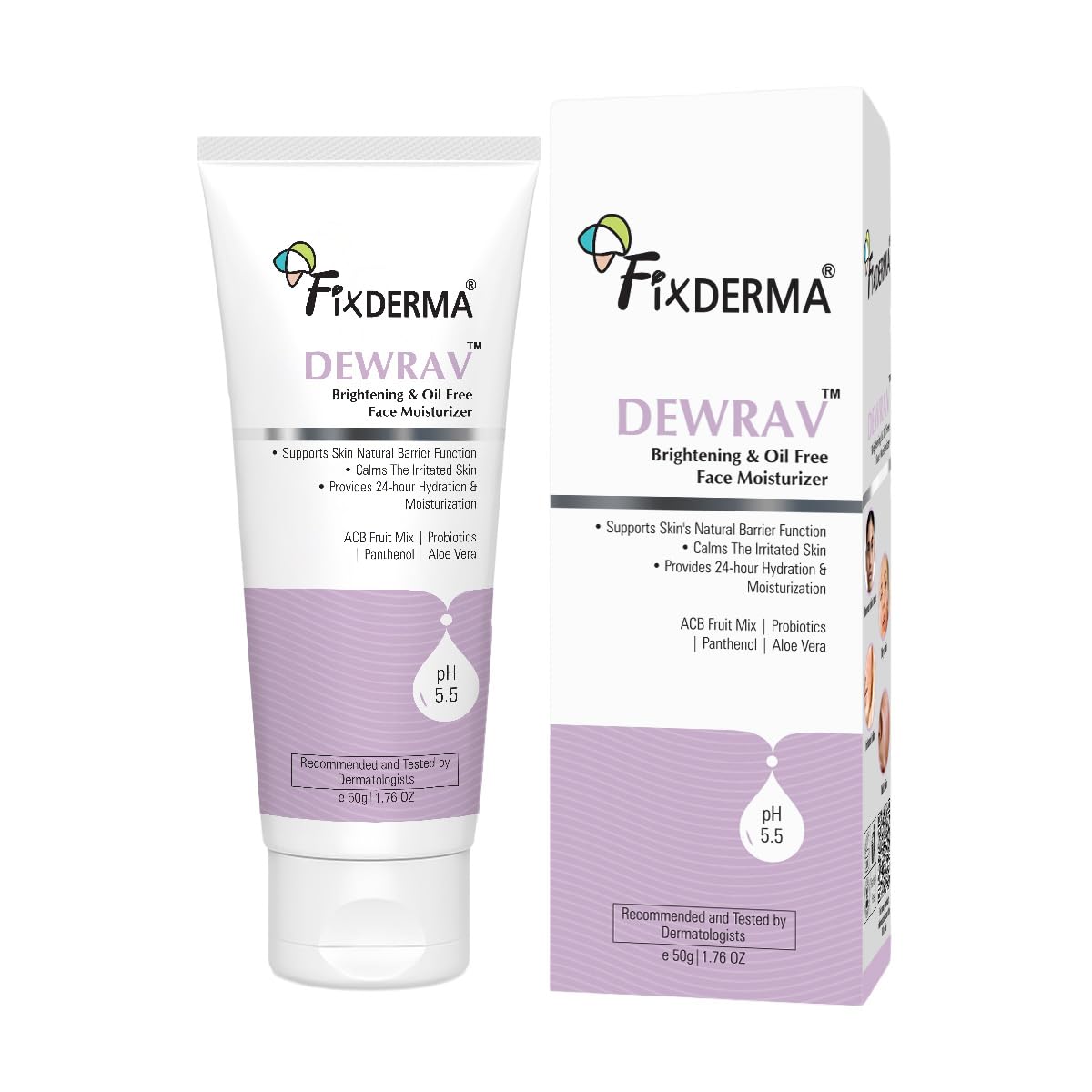 Fixderma Dewrav Brightening & Oil-Free Face Moisturizer with Panthenol & ACB Fruit Mix | 24-Hour Hydration | Dermatologist Recommended for Women & Men - 50g