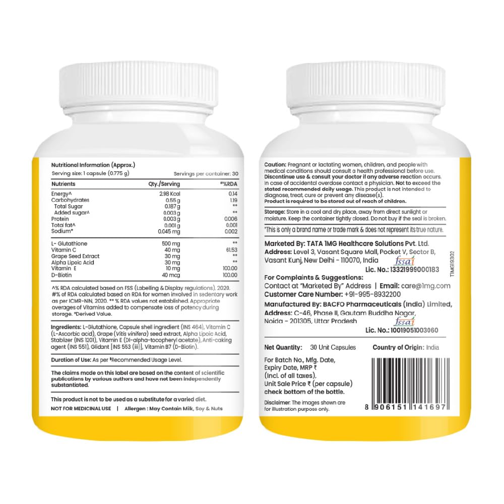TATA 1MG 1MG Tata Glutathione Advanced Capsule with Vitamin C E Biotin Grape Seed Extract For Skin Glow Hydration Radiance Pack of 30 Tablets
