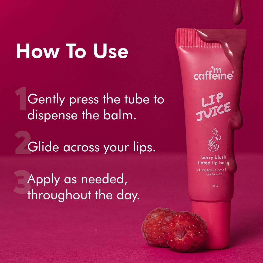 mCaffeine Lip Juice Tinted Lip Balm - Berry Blush | 24 hrs Moisturization | With Peptides, Cocoa Butter & Vitamin E | Heals Dry & Chapped Lips | Lip Balm For Women | Sheer Pink Tint - 10g