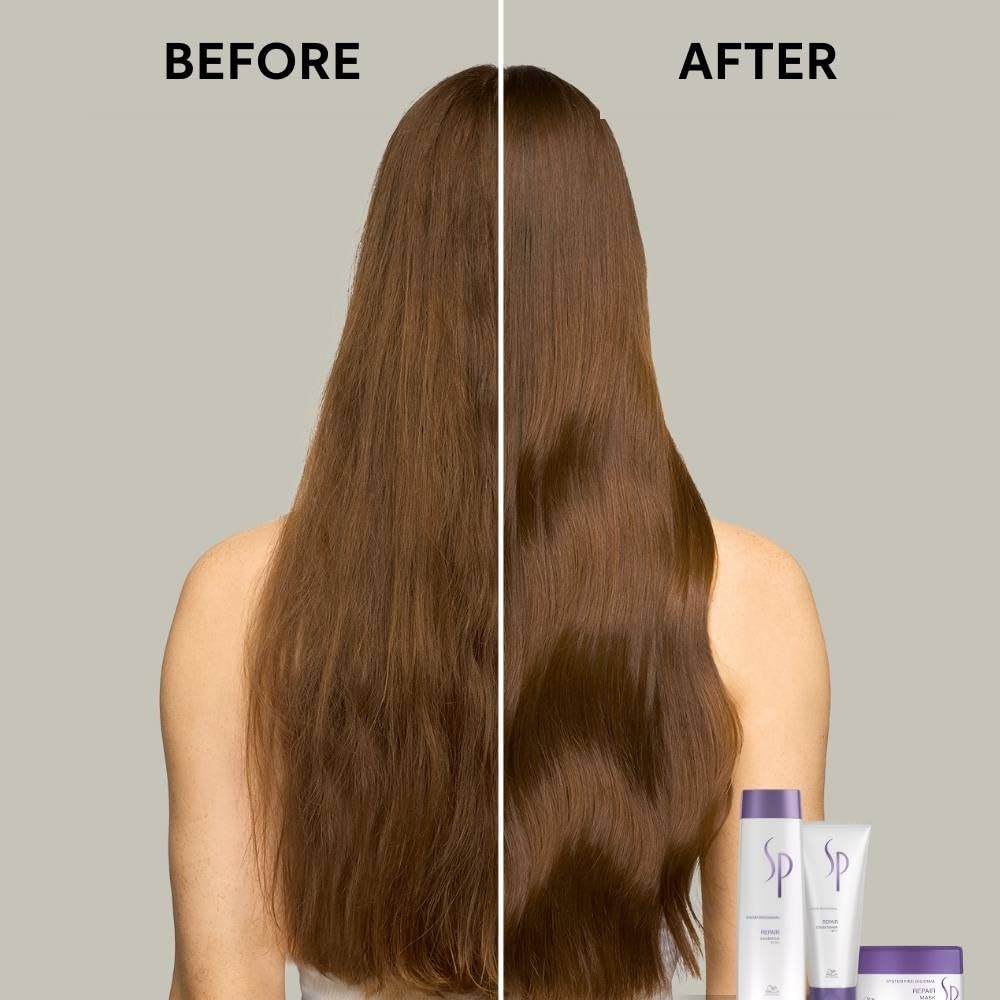 Before and after comparison of hair with a product on a neutral background