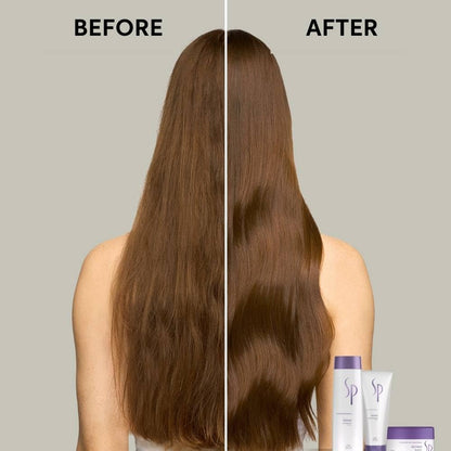 Before and after comparison of hair with a product on a neutral background