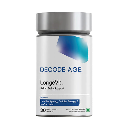Supplement bottle labeled 'Decode Age Longevity' on a white background