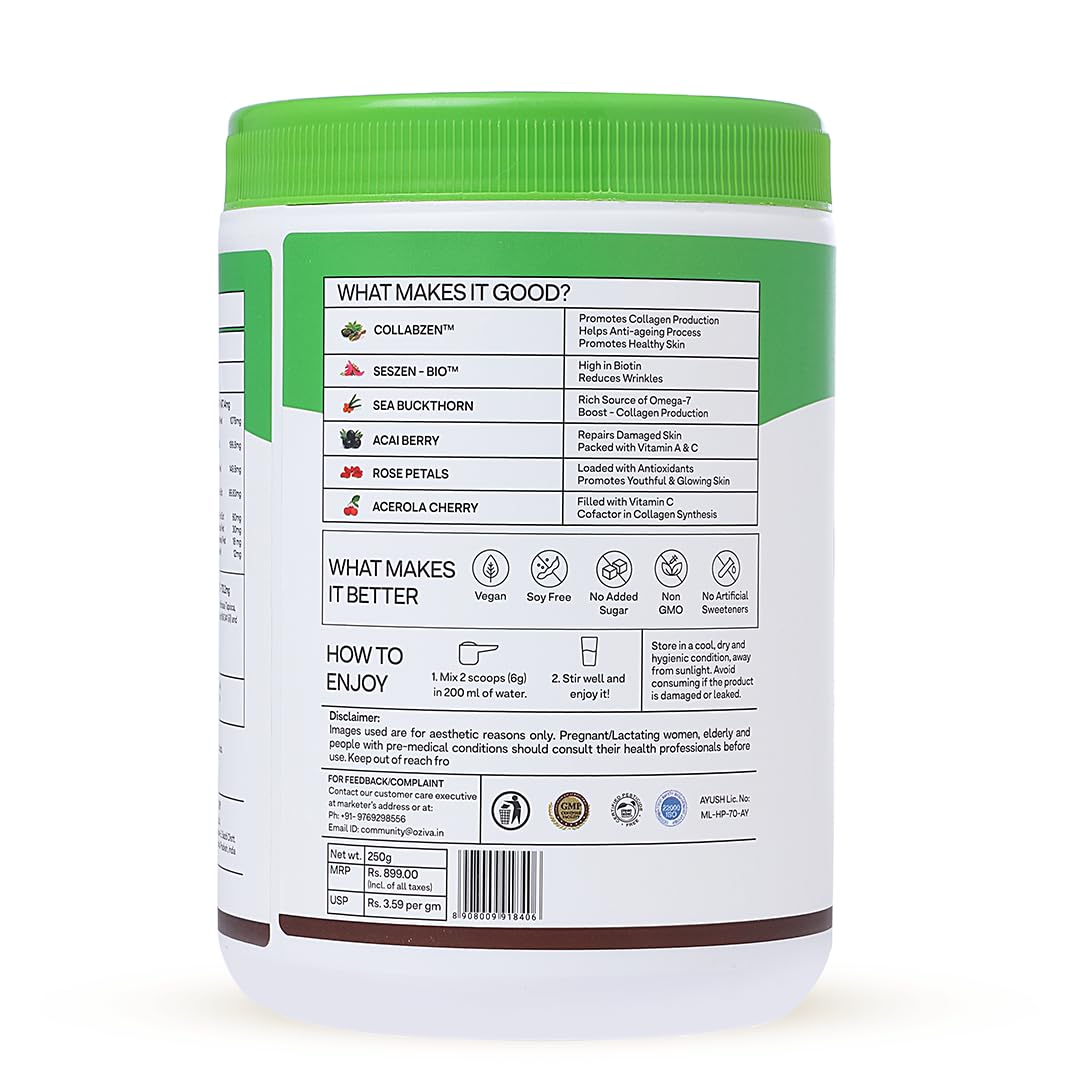 OZiva Vegan Collagen with Biotin & Vitamin C For Brighter & Youthful Skin|Collagen Supplement For Women & Men|Plant Based Collagen Powder| Vegan (Pack of 1),1 count,200 grams