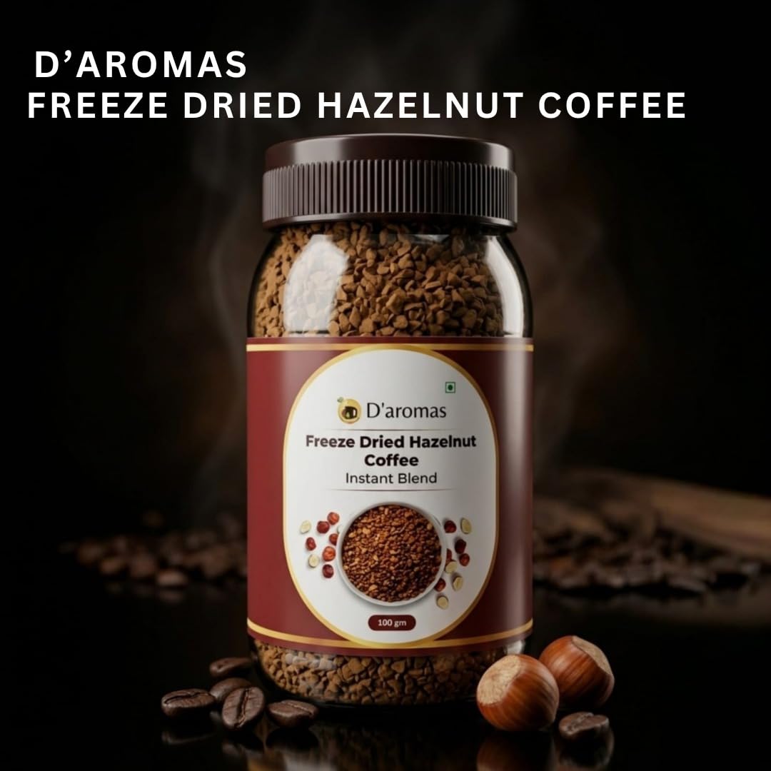 D'aromas Freeze Dried Hazelnut Coffee 100g | Premium Instant Flavoured Coffee Powder | Rich Aroma Smooth Taste | Perfect for Hot & Cold Coffee, Latte & Cappuccino