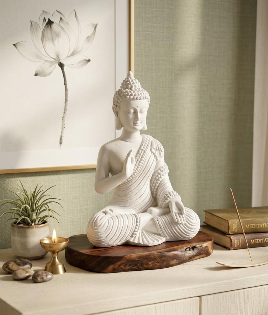 Polyresin White Meditating Buddha Idol Statue || Lord Gautam Buddha Statue Figurine Murti Showpiece for Home Decor, Living Room Decoration, Car Dashboard, Gifting
