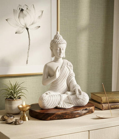 Polyresin White Meditating Buddha Idol Statue || Lord Gautam Buddha Statue Figurine Murti Showpiece for Home Decor, Living Room Decoration, Car Dashboard, Gifting