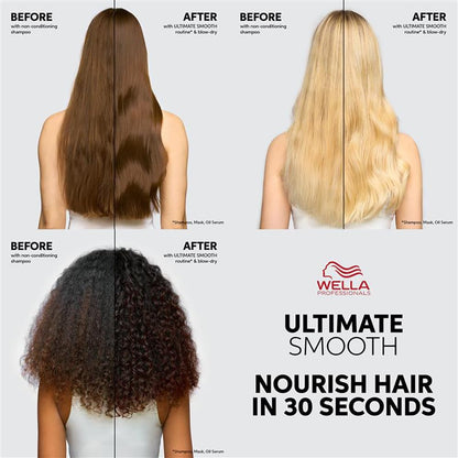 Before and after comparison of hair treatment with Wella on a gray background