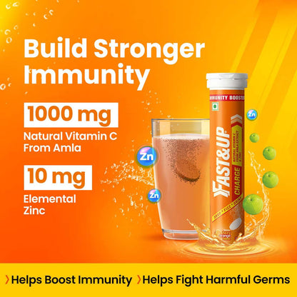 Fast&Up Charge Natural Vitamin C - 60 Effervescent Tablets, Amla Extract + Zinc for Daily Immunity | Helps to boost & Strengthens Collagen for Healthy Skin, Hair & Nails- Orange Flavour