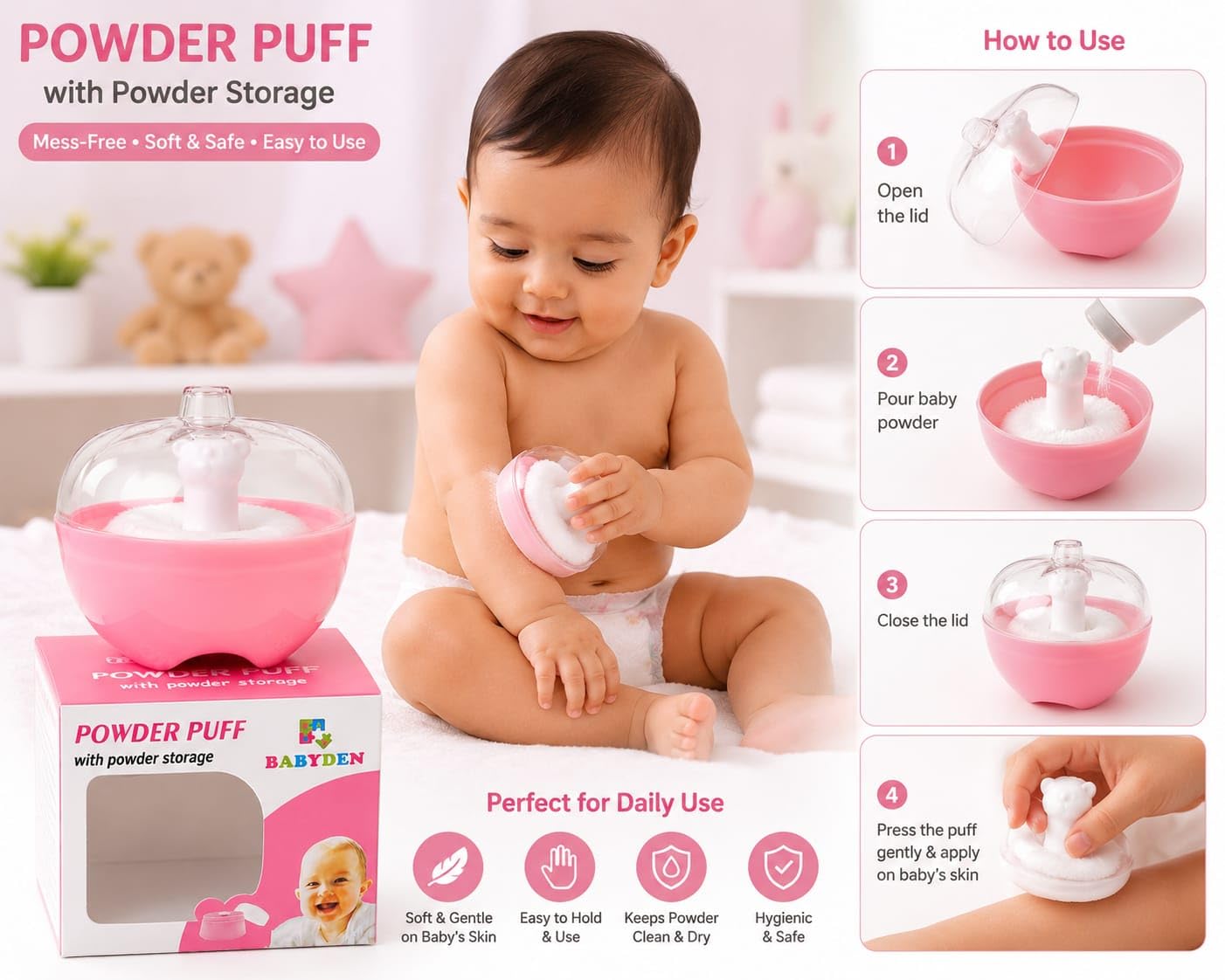 BABYDEN Baby Apple Shape Powder Puff With Powder Storage Bpa Free Pink