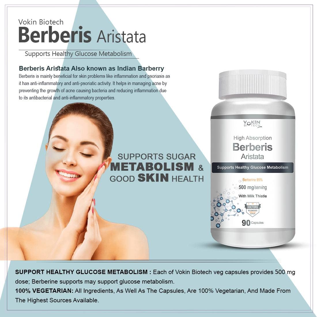 Vokin Biotech Berberis Aristata supplement bottle with product details on a light gray background