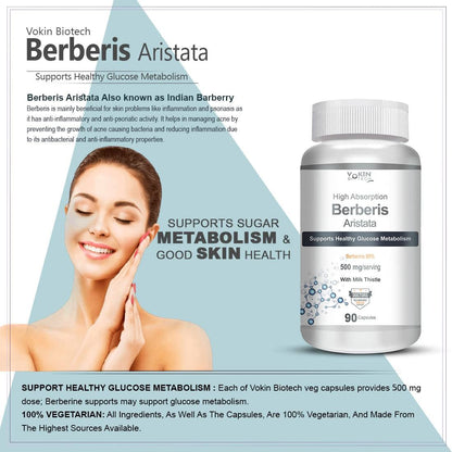 Vokin Biotech Berberis Aristata supplement bottle with product details on a light gray background