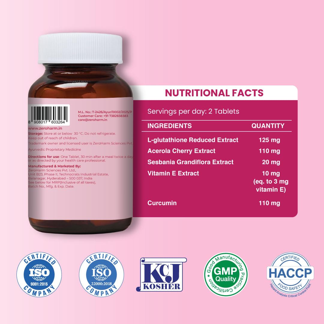 ZEROHARM Skin Radiance Supplement | L-Glutathione, Acerola Cherry Extract (Vitamin C), Biotin & E for Skin Whitening | Skin Glow, Reduce Dark Spots, Brighten & Hydrate Skin | Men & Women | 60 Tablets