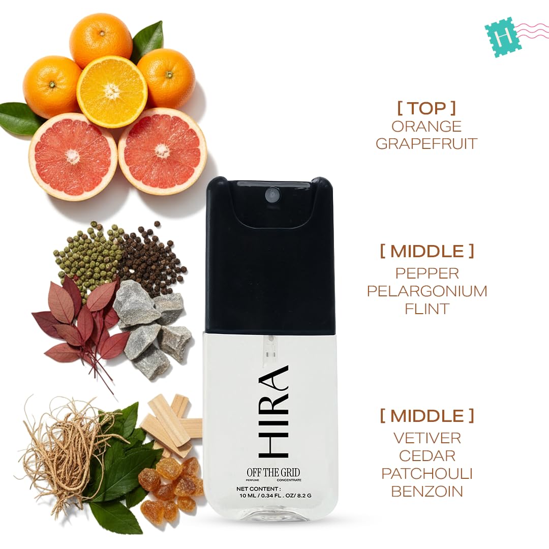 HIRA cologne bottle with natural elements and fragrance notes on a white background