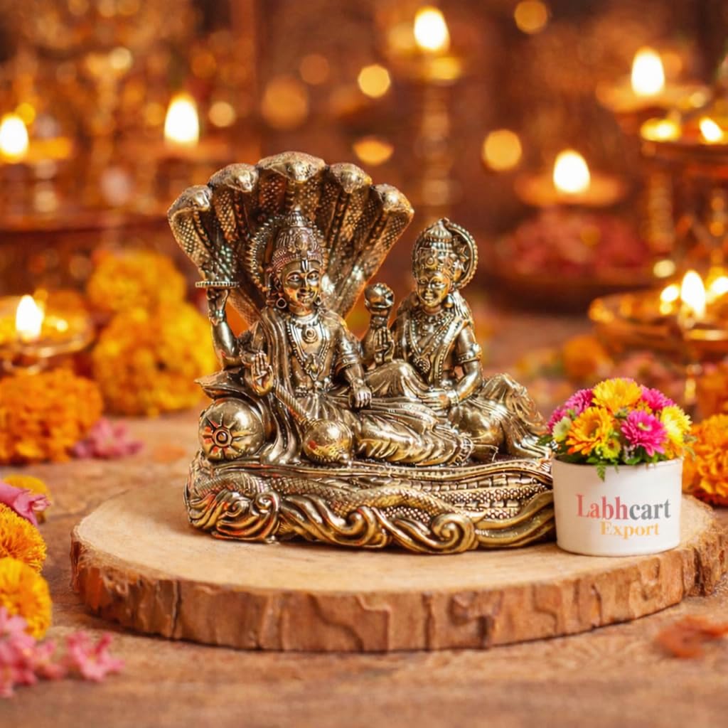 Brass Lakshmi Vishnu Idol God Goddess Statues Religious Deity Laxmi Vishnu Resting On Sheshnaag 4 Inches