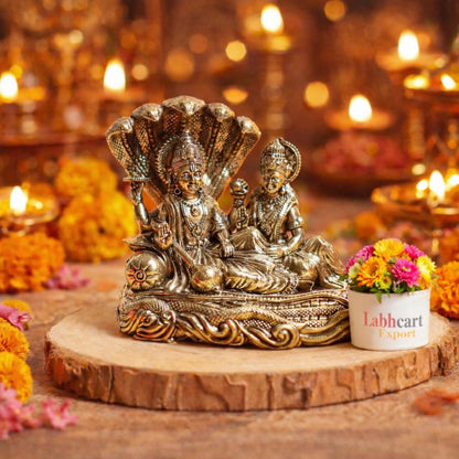 Brass Lakshmi Vishnu Idol God Goddess Statues Religious Deity Laxmi Vishnu Resting On Sheshnaag 4 Inches