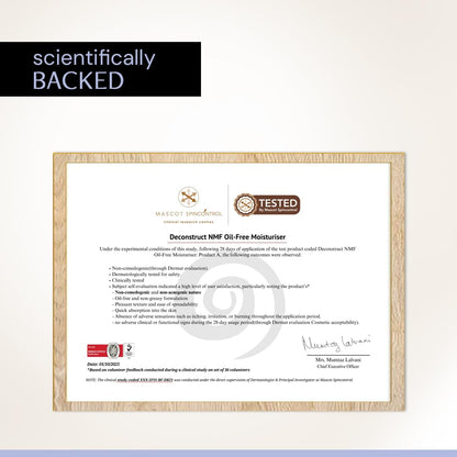 Certified product document with 'scientifically backed' text on a white background