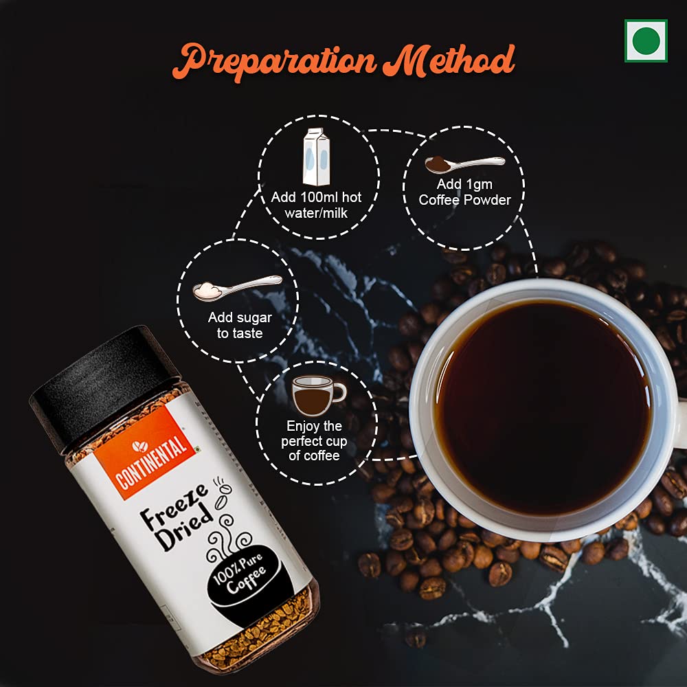 Continental Freeze Dried Coffee Powder | Black Coﬀee | Cold Coffee | Smoothest Coffee | Aroma Locked Coffee Crystals | 100g Jar | 100% Pure Coffee Powder | 100% Finest Dark Roasted Arabica Coffee |