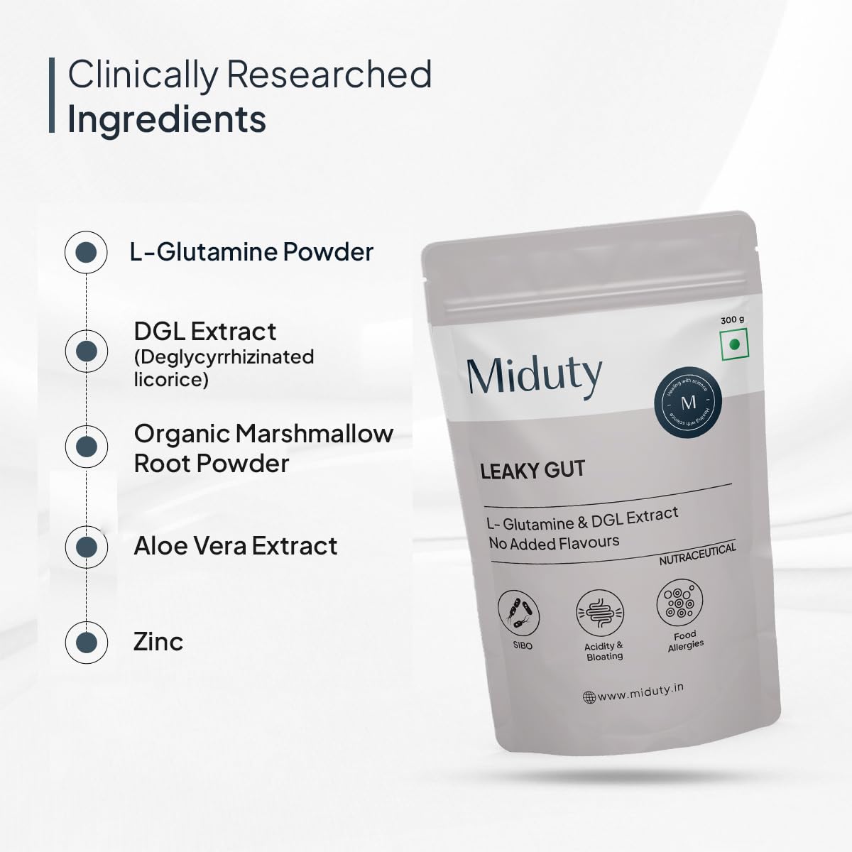 Zephivo Miduty by Palak Notes Leaky Gut Powder - Supports Gastrointestinal lining, Leaky Gut - Helps In Constipation And Heartburn - Advanced Formula with L Glutamine and Aloe Vera Extract - 300 Grams