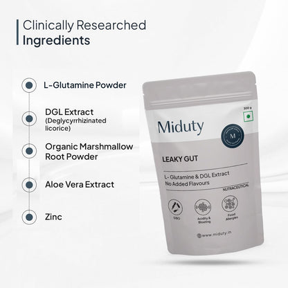Zephivo Miduty by Palak Notes Leaky Gut Powder - Supports Gastrointestinal lining, Leaky Gut - Helps In Constipation And Heartburn - Advanced Formula with L Glutamine and Aloe Vera Extract - 300 Grams