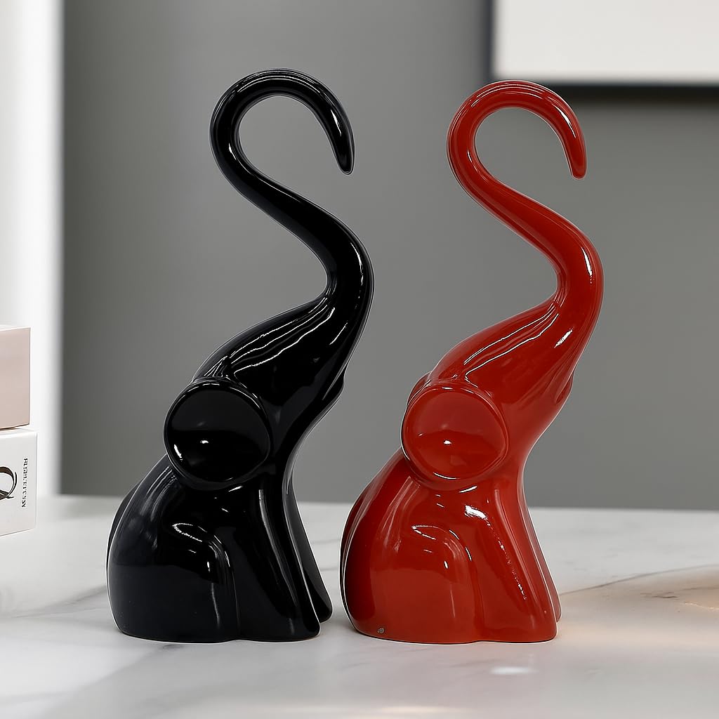 CraftVatika Home Décor Elephant Couple Showpiece Statue for Good Luck Fengshui, Decorative Items Figurine for Home Decoration Living Room Bedroom Housewarming Wedding Gift (Set of 2, Red & Black)
