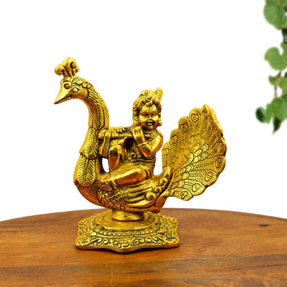 Gold Plated Bal Krishna Idol on Peacock Bansuri Playing Metal Statue for Janmashtami, Home Mandir, Spiritual Decor & Gifting