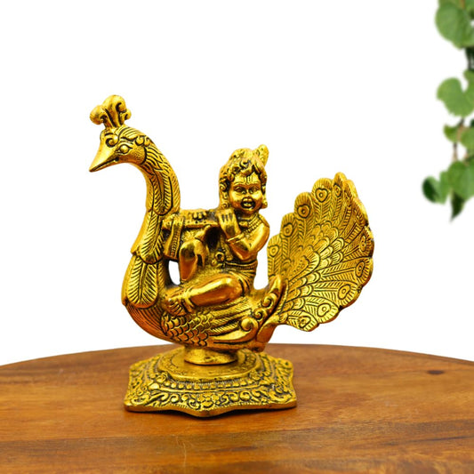 Gold Plated Bal Krishna Idol on Peacock Bansuri Playing Metal Statue for Janmashtami, Home Mandir, Spiritual Decor & Gifting