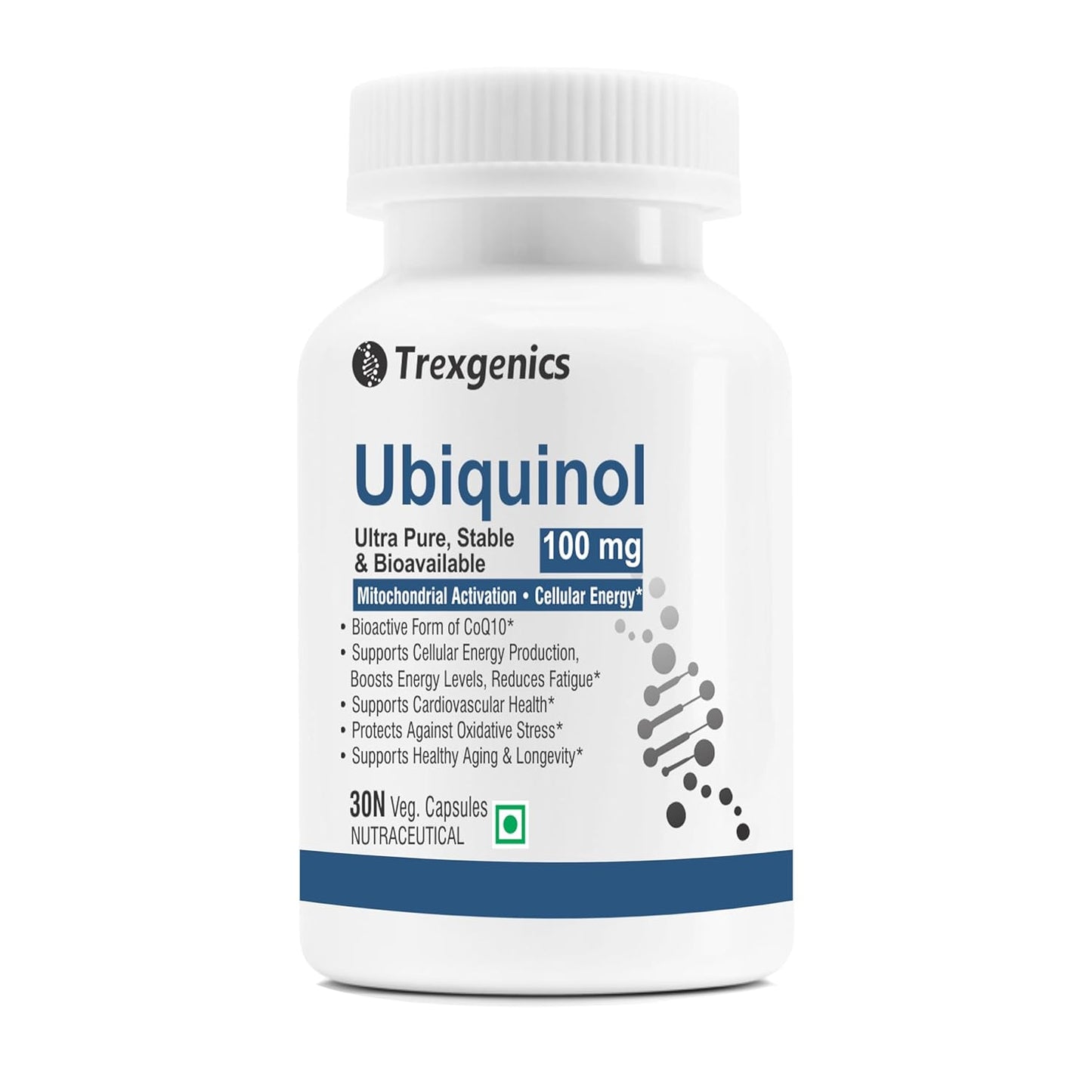 Trexgenics UBIQUINOL 100 mg, Ultra Pure, Stable, Bioavailable, Mitochondrial Function, Cellular Energy, Longevity, Antioxidant (30 Veg Capsules)
