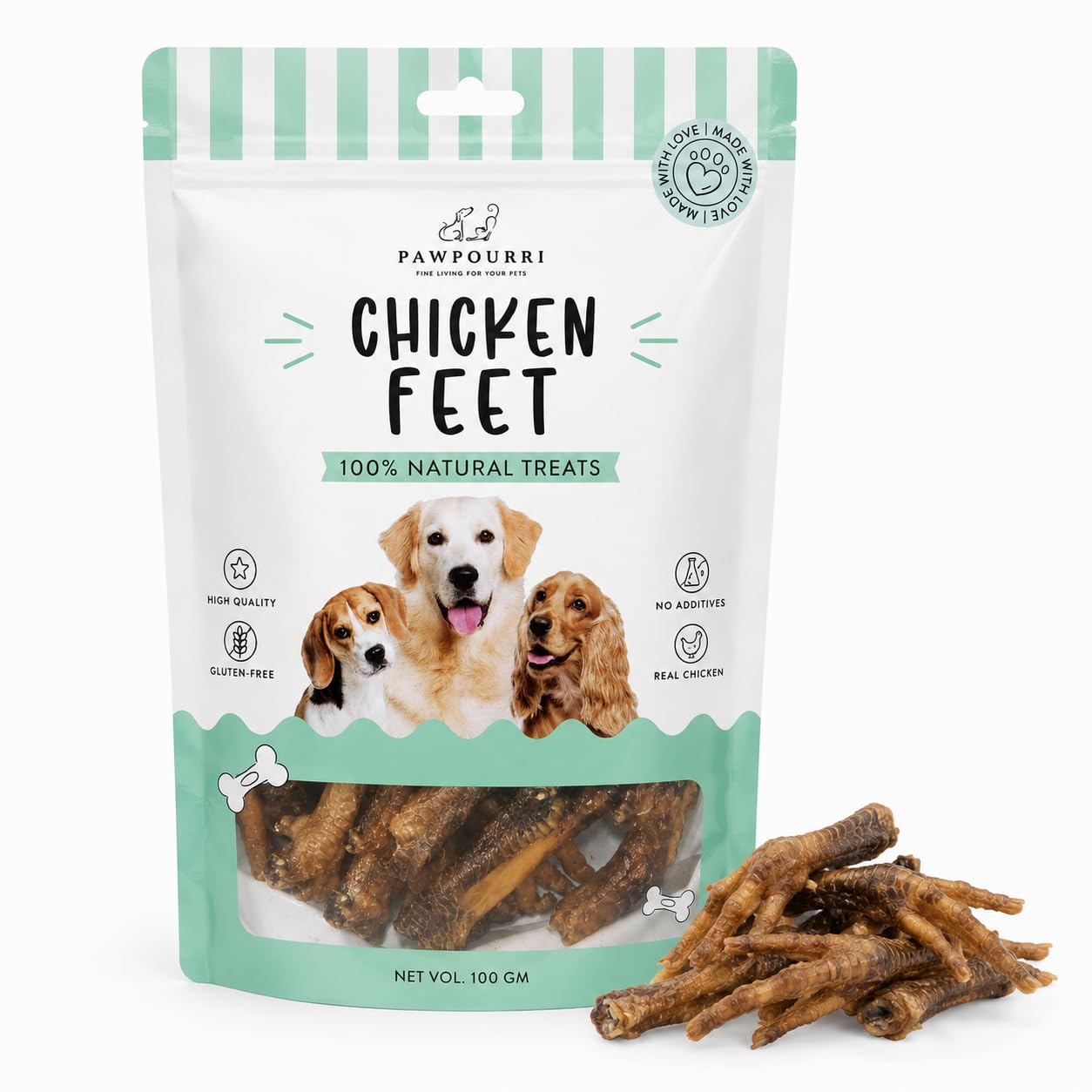 PAWPOURRI Natural Chicken Feet Dog Treats, 100gm | Protein Rich Chewy Snacks for Dogs | Suitable for All Breeds & Life Stages | Daily Training & Reward Treats (Pack of 1)