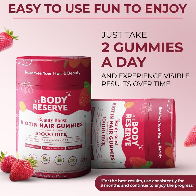 The Body Reserve Biotin Hair Gummies packaging with text on a pink background