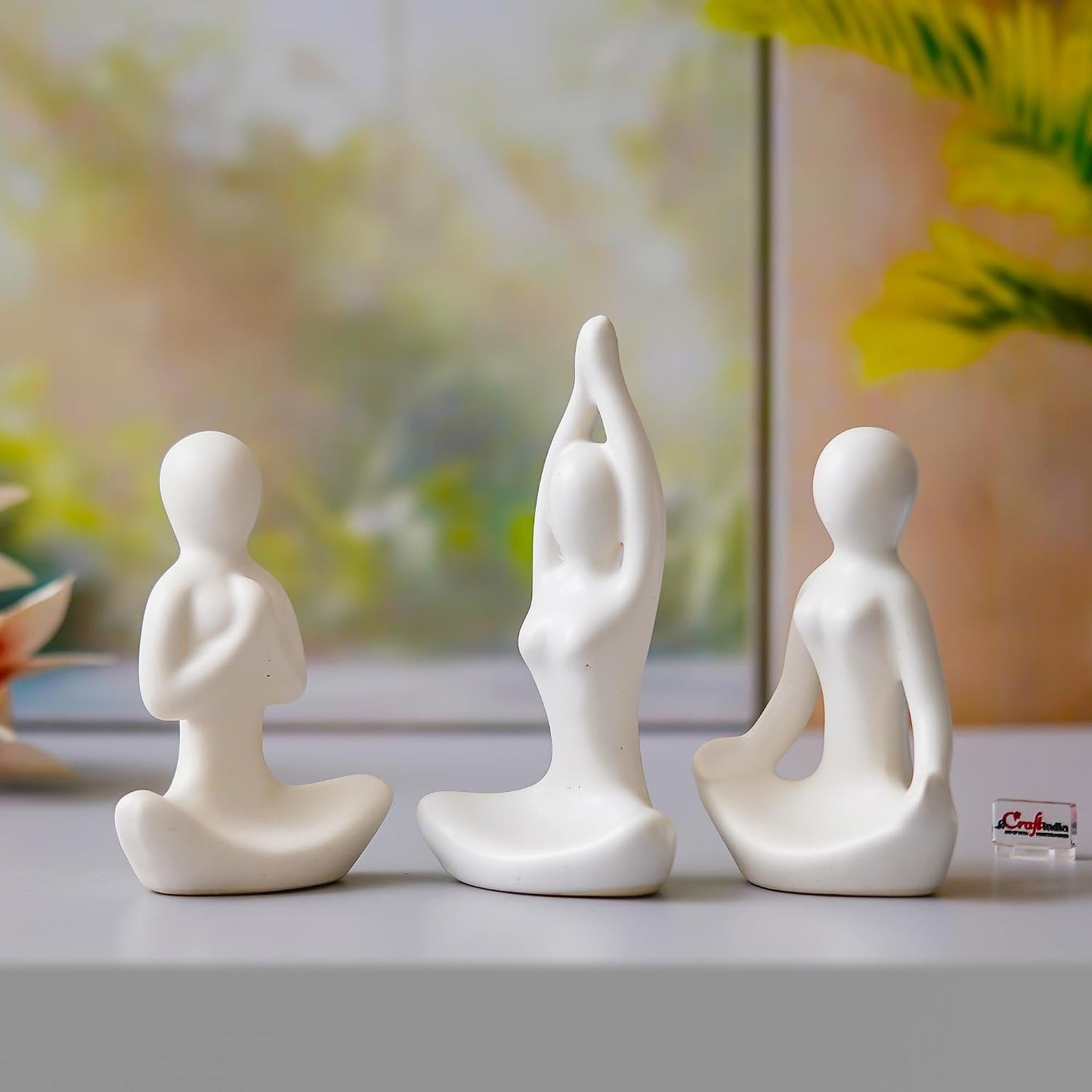 eCraftIndia Set of 3 White Ceramic Meditation Yoga Pose Statue | Yoga Women Figurine Home Decor Items Showpiece for Meditation Room Living Room Bedroom Table Shelf TV Unit | Gift for Birthday