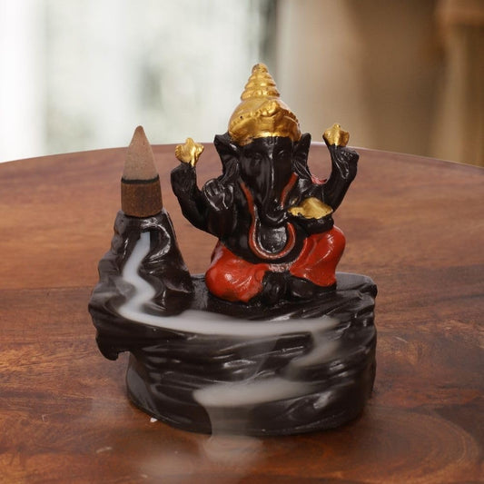 Multicolor Ganesha Idol Statue with 8 Incense Smoke Backflow Fountain Cone Incense Holder | for Return Gift, Table, Home Decorative Showpiece Item