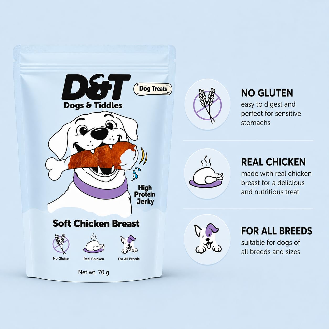 Dogs & Tiddles Chicken Breast Jerky Dog Treats for Puppies & Adult Dogs, 70g | Soft & Chewy High-Protein Dog Snacks | Grain-Free Training Treats | Supports Lean Muscle| Easily Digestible and Healthy