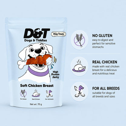 Dogs & Tiddles Chicken Breast Jerky Dog Treats for Puppies & Adult Dogs, 70g | Soft & Chewy High-Protein Dog Snacks | Grain-Free Training Treats | Supports Lean Muscle| Easily Digestible and Healthy