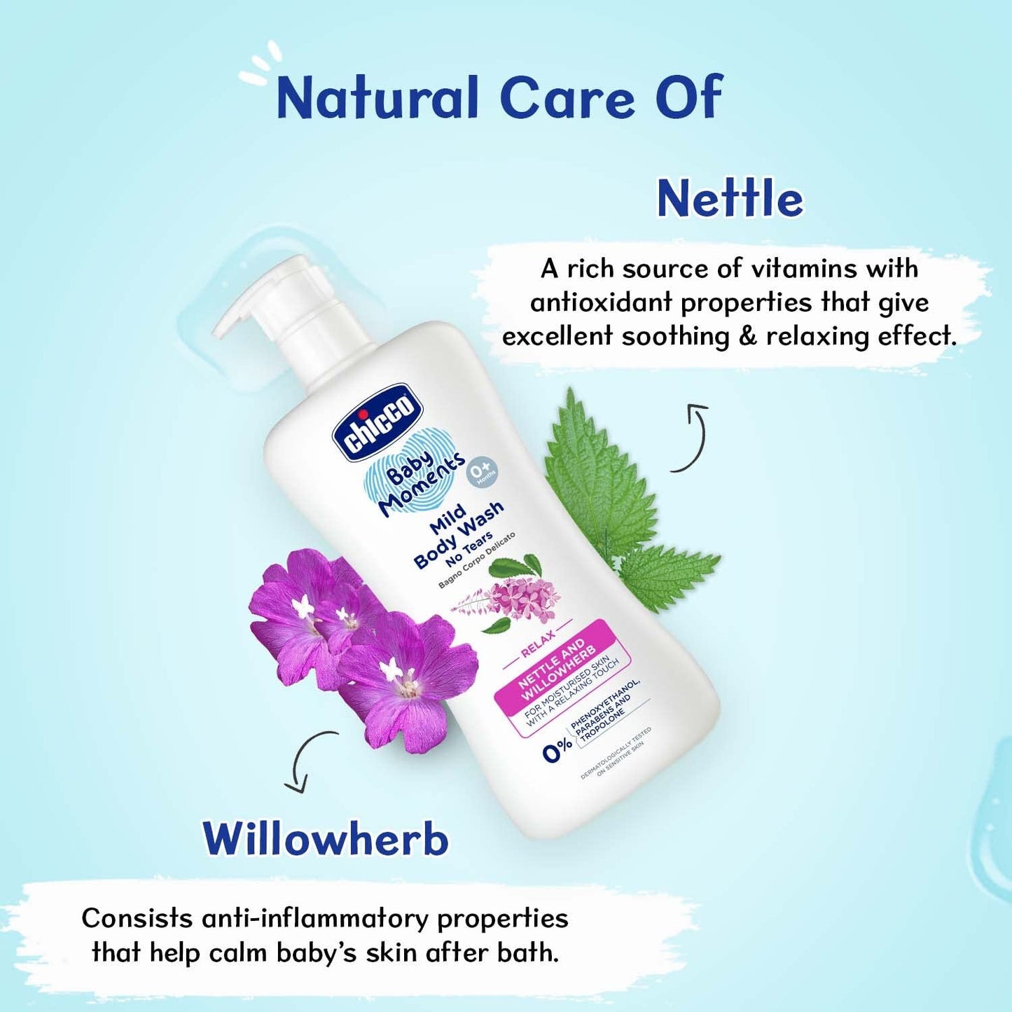 Chicco Baby Moments Mild Body Wash Relax, New Advanced Formula with Natural Ingredients, No Tears & Soap-Free, Mild formula for Baby’s Body & Face Wash, No Phenoxyethanol and Parabens (200ml)