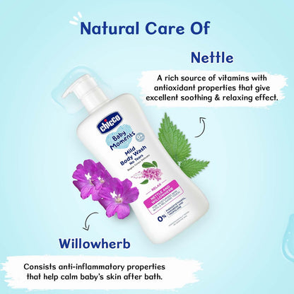 Chicco Baby Moments Mild Body Wash Relax, New Advanced Formula with Natural Ingredients, No Tears & Soap-Free, Mild formula for Baby’s Body & Face Wash, No Phenoxyethanol and Parabens (200ml)