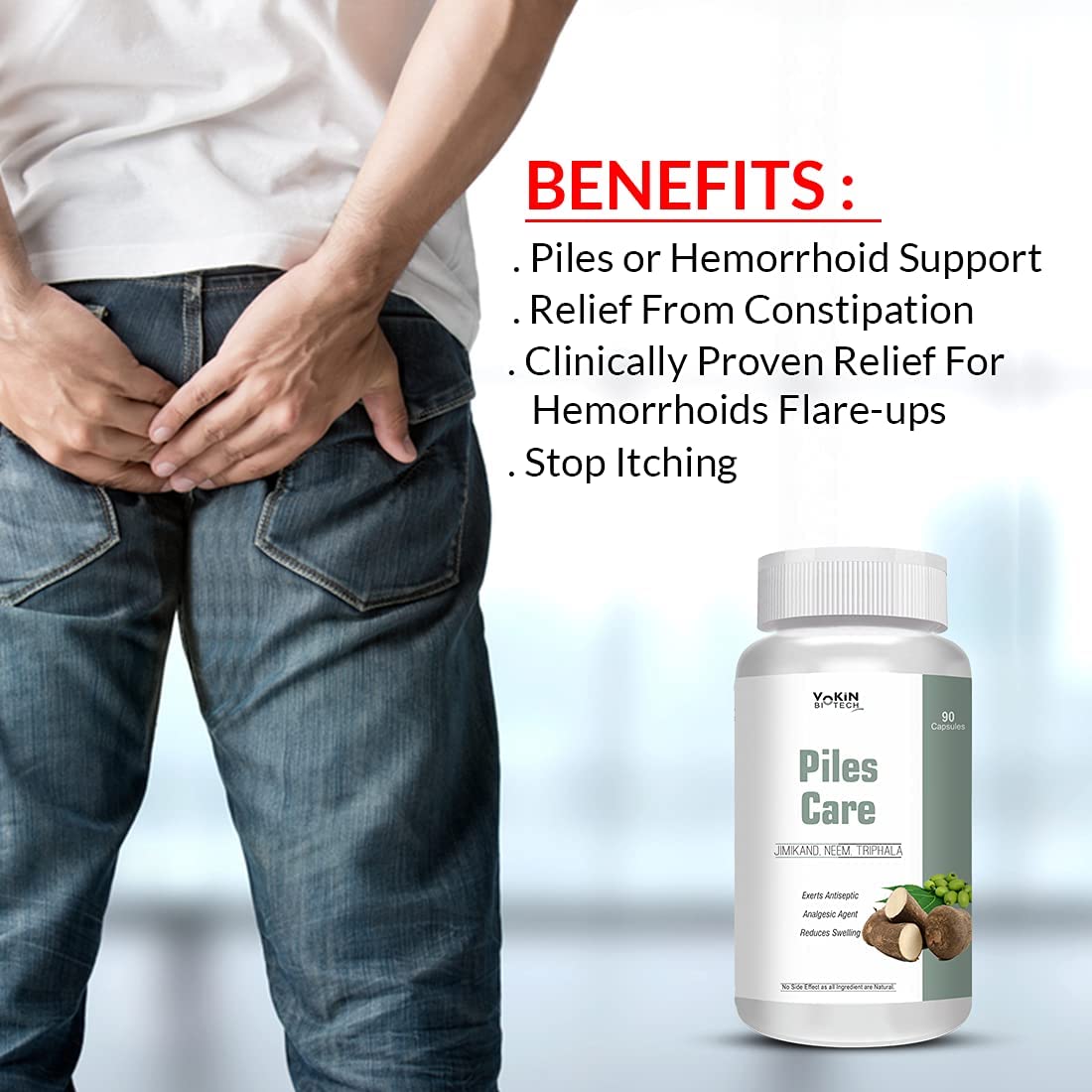 Bottle of 'Piles Care' with a person holding their stomach, benefits listed on screen.