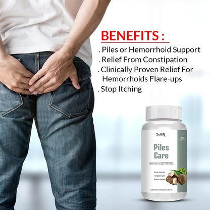 Bottle of 'Piles Care' with a person holding their stomach, benefits listed on screen.