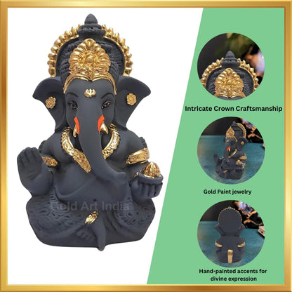 Gold Art India Dark Grey Ganesha Idol Ganesh for Car Dashboard Statue Ganpati Vinayaka Vinayagar Figurine Diwali Gifts Home Decor Luck, Success