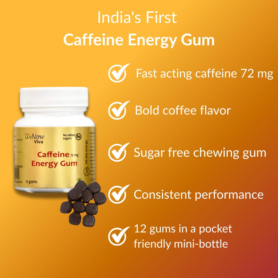 livNow Viva | Sugar Free Caffeine Chewing Gum | All Day Energy and Attention Boasting | Coffee Flavour | Mini-Bottle