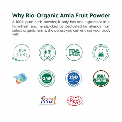 Promotional graphic for bio-organic amla fruit powder with certification logos on a white background.