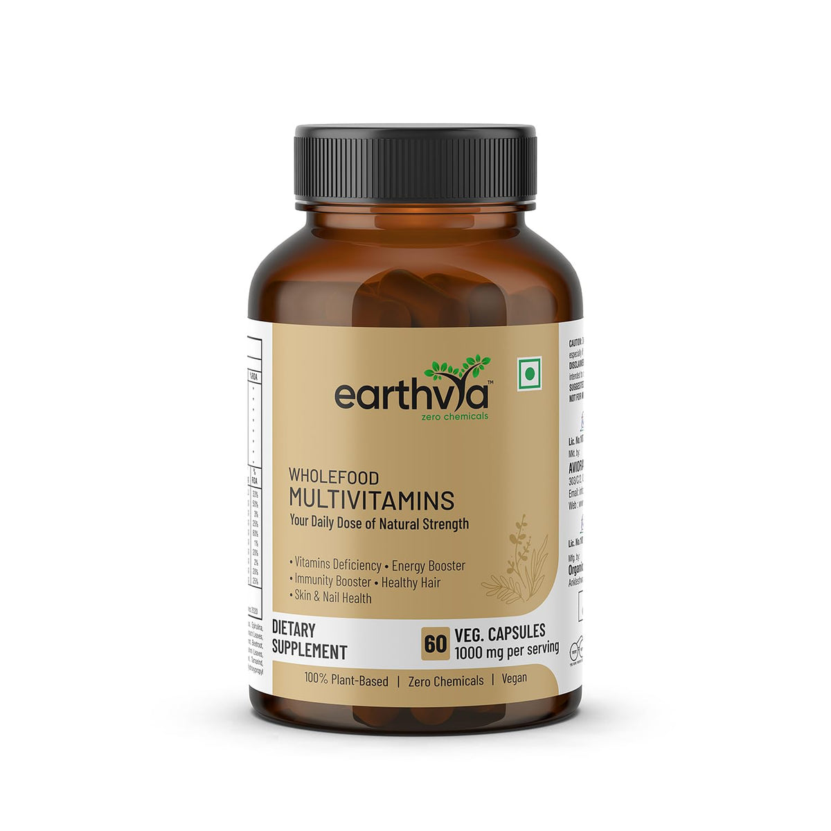 Earthvya Wholefood Multivitamins 1000mg | Plant-Based Daily Nutrition Supplement | Zero Chemicals & Additives | Natural Energy, Immunity & Strength Support | 60 Veg Capsules