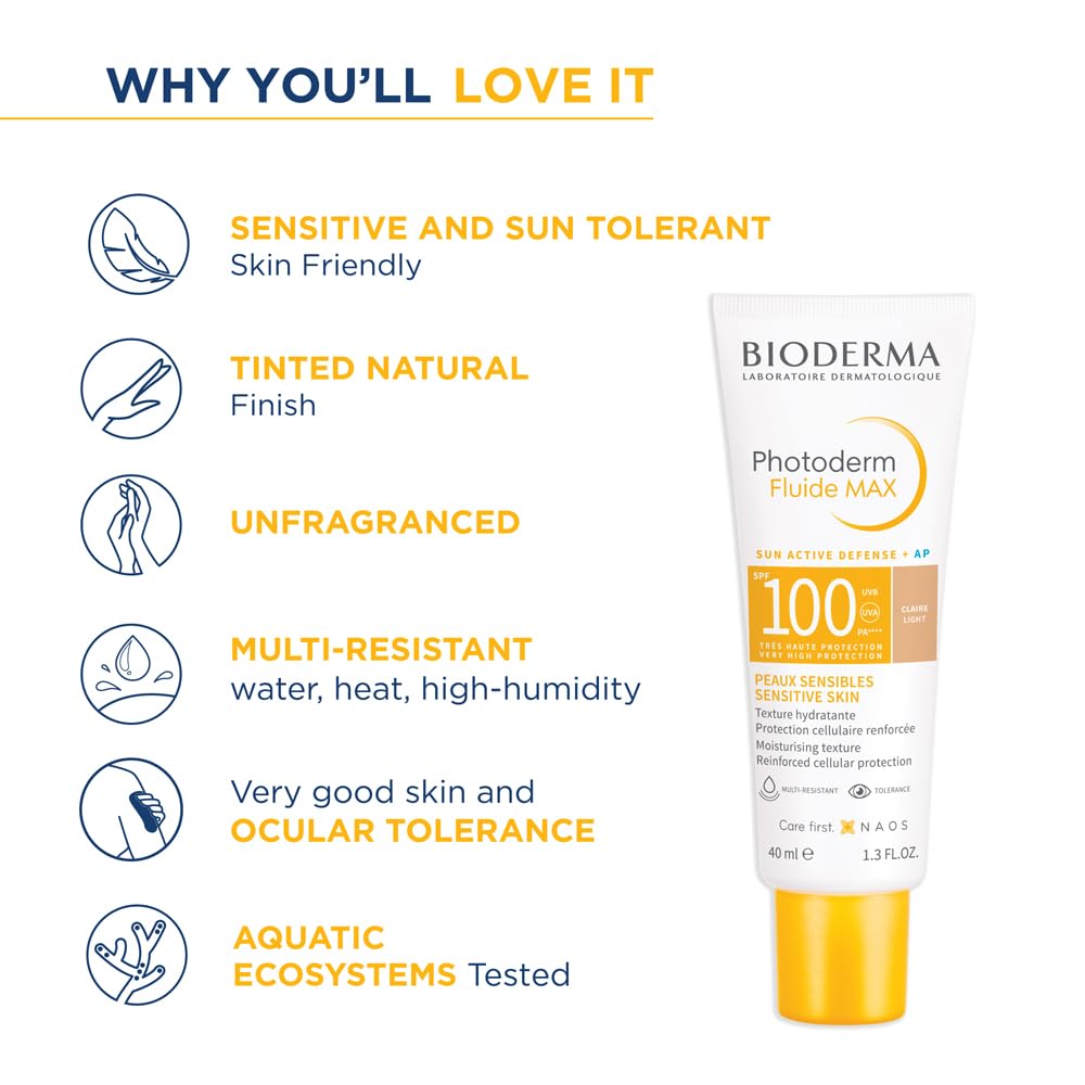 Bioderma sunscreen tube with features listed on a white background